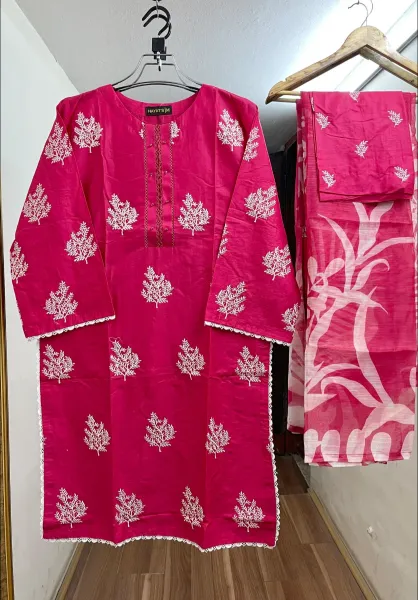 Pakistani Original Hayat’s Embroidered Stitched Cotton 3Pcs _ Magenta Pink 